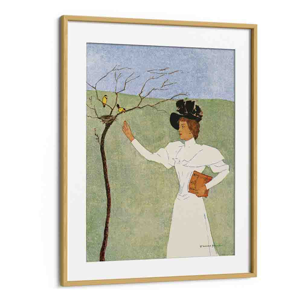 Woman Reaching For Birds 1894 Vintage Paintings in Oak Wood Frame With Mount