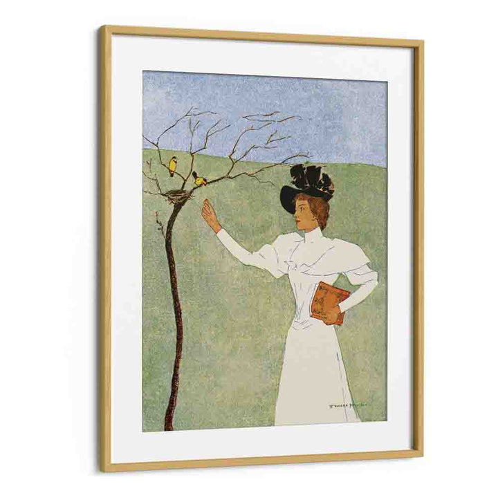 Woman Reaching For Birds 1894 Vintage Paintings in Oak Wood Frame With Mount
