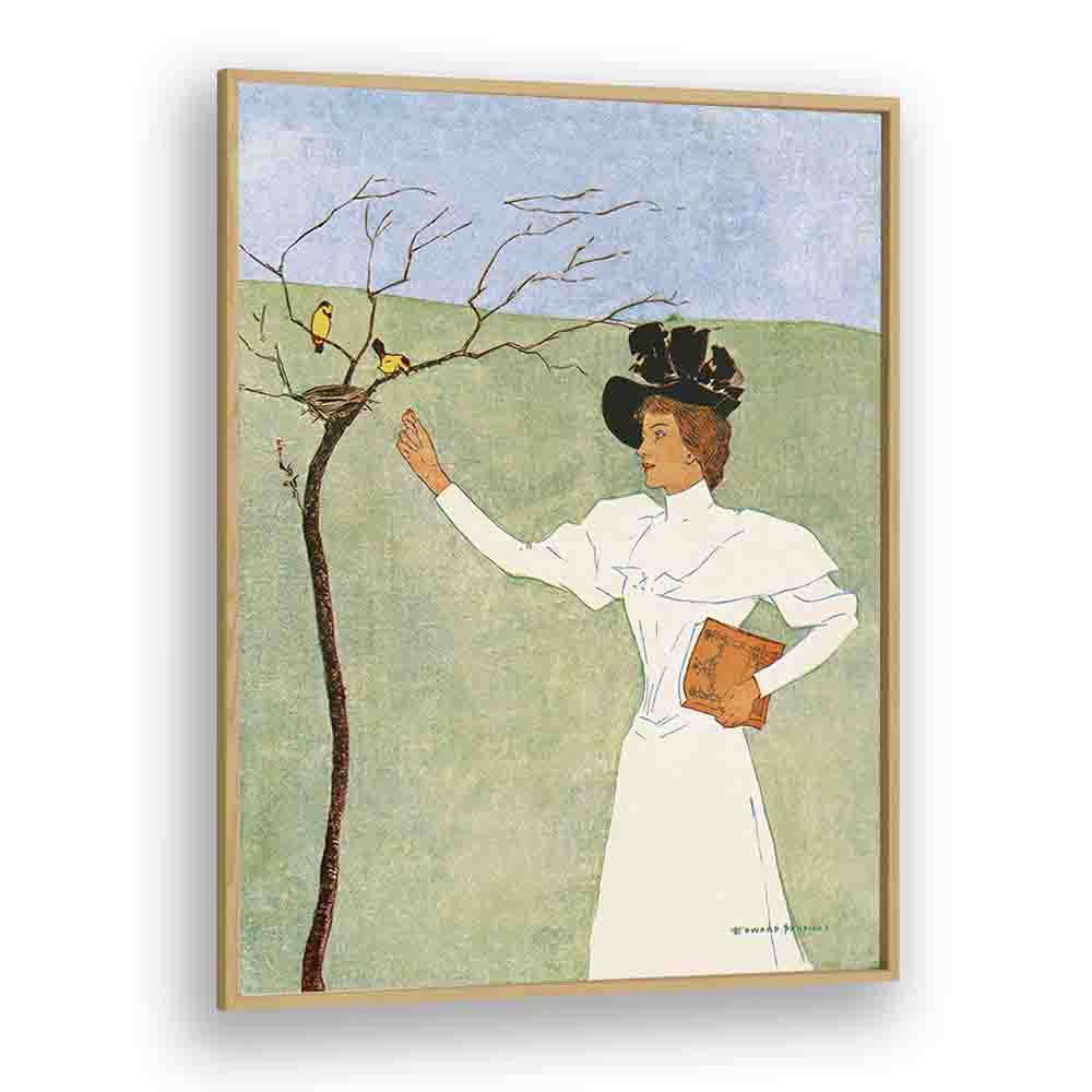 Woman Reaching For Birds 1894 Vintage Paintings in Oak Wood Plain Frame