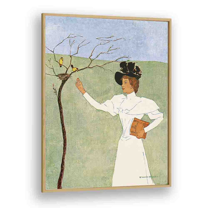 Woman Reaching For Birds 1894 Vintage Paintings in Oak Wood Plain Frame