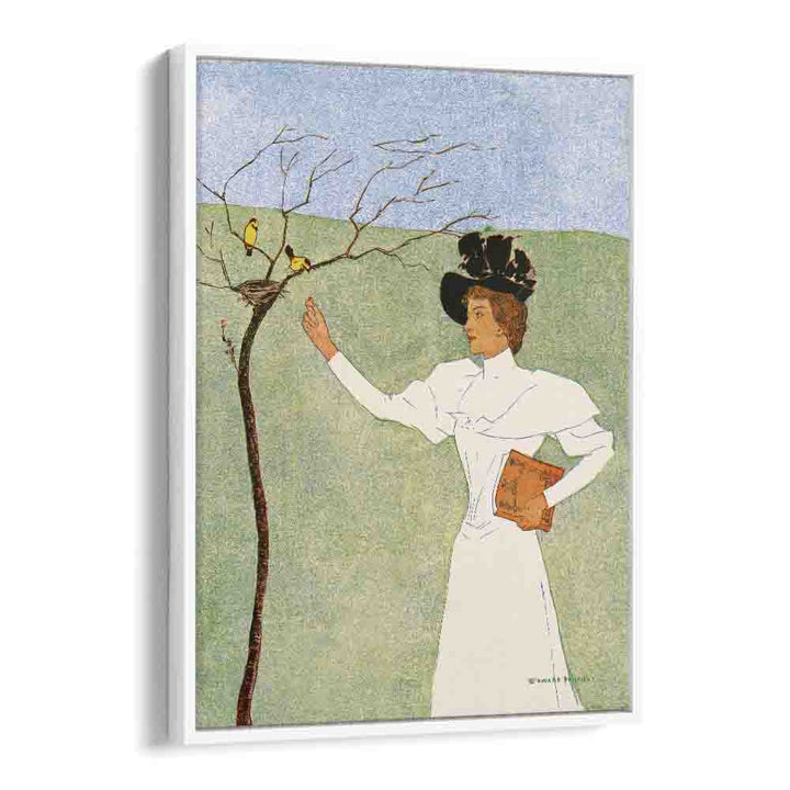 Woman Reaching For Birds 1894 Vintage Paintings in White Floater Frame
