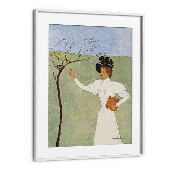 Woman Reaching For Birds 1894 Vintage Paintings in White Frame With Mount