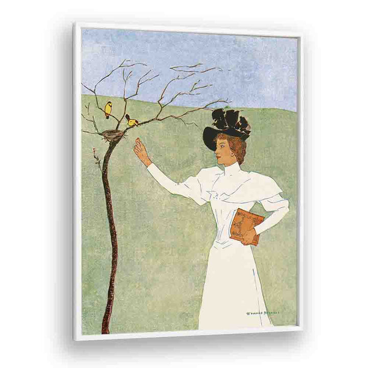 Woman Reaching For Birds 1894 Vintage Paintings in White Plain Frame