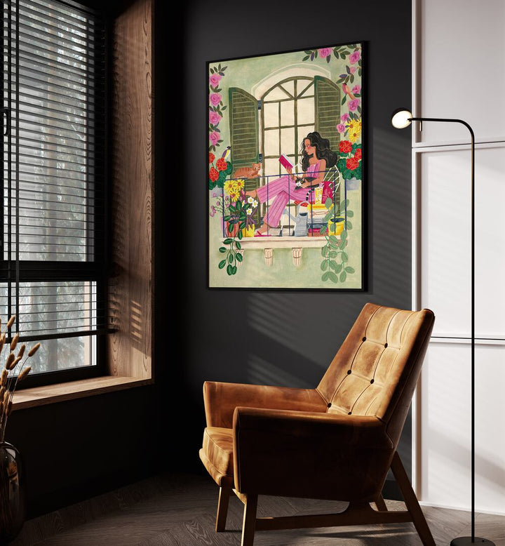 Woman Reads On Balcony By Caroline Bonne Muller Women Illustration Paintings in Black Plain Frame on a black wall beside an orange sofa 