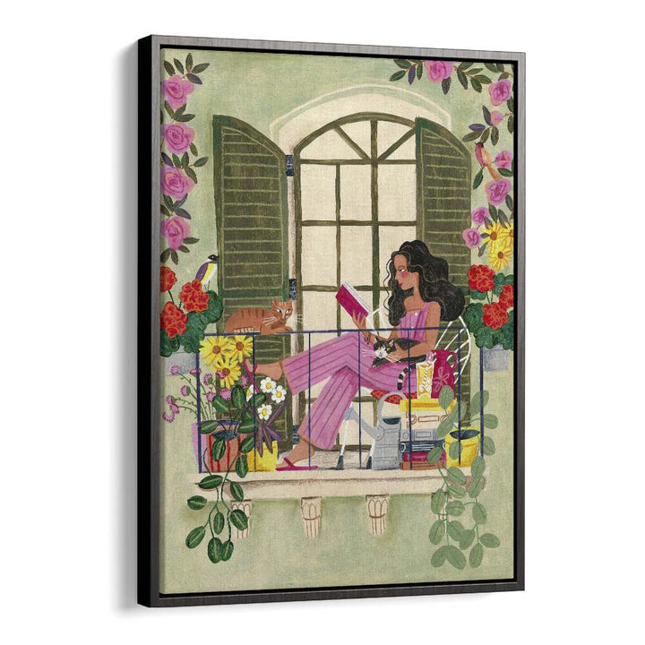 Woman Reads On Balcony By Caroline Bonne Muller Women Illustration Paintings in Black Floater Frame