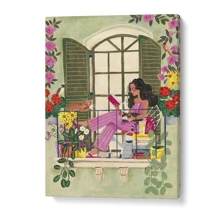 Woman Reads On Balcony By Caroline Bonne Muller Women Illustration Paintings in Gallery Wrap