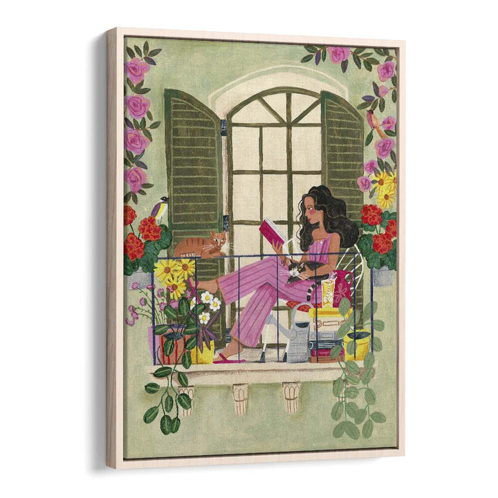 Woman Reads On Balcony By Caroline Bonne Muller Women Illustration Paintings in Oak Wood Floater Frame