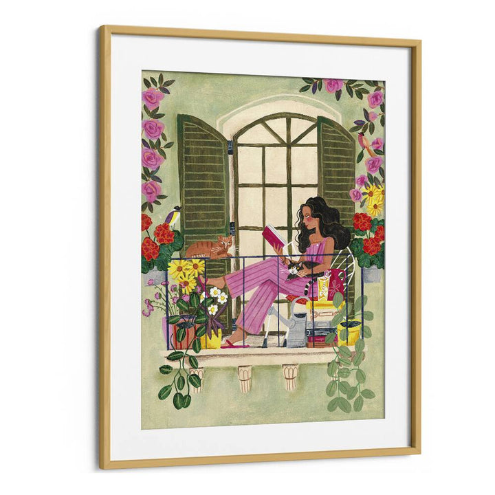 Woman Reads On Balcony By Caroline Bonne Muller Women Illustration Paintings in Oak Wood Frame With Mount