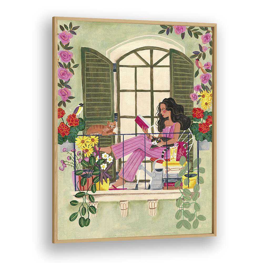 Woman Reads On Balcony By Caroline Bonne Muller Women Illustration Paintings in Oak Wood Plain Frame