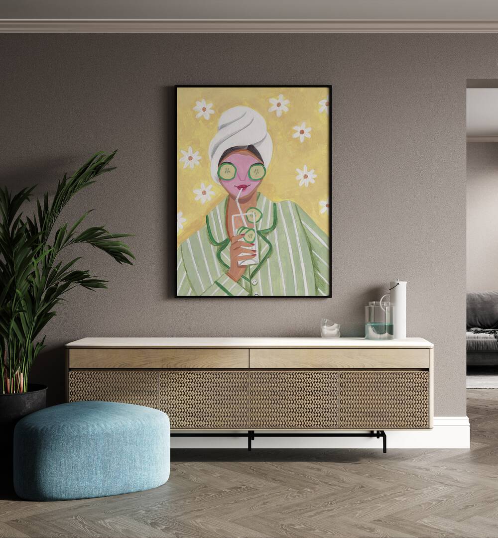 Woman Relax Time By Caroline Bonne Muller Women Paintings in Black Plain Frame on a wall above a console table 