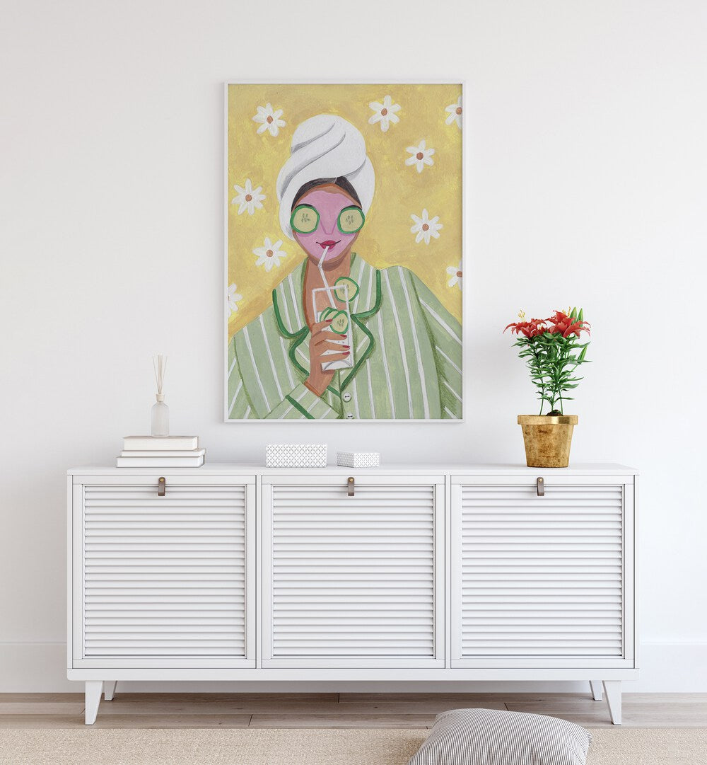 Woman Relax Time By Caroline Bonne Muller Women Paintings in White Plain Frame on a white wall above a console table