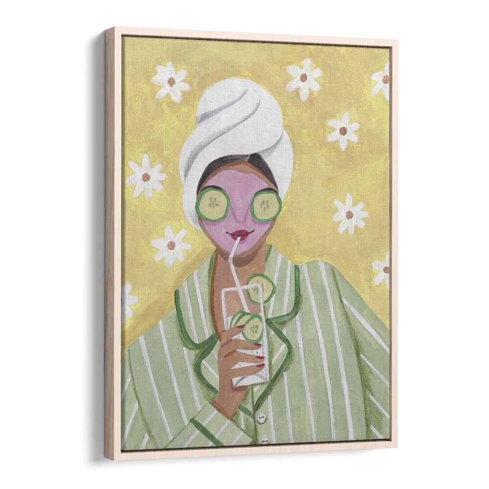 Woman Relax Time By Caroline Bonne Muller Women Paintings in Oak Wood Floater Frame