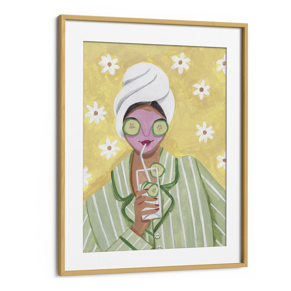 Woman Relax Time By Caroline Bonne Muller Women Paintings in Oak Wood Frame With Mount