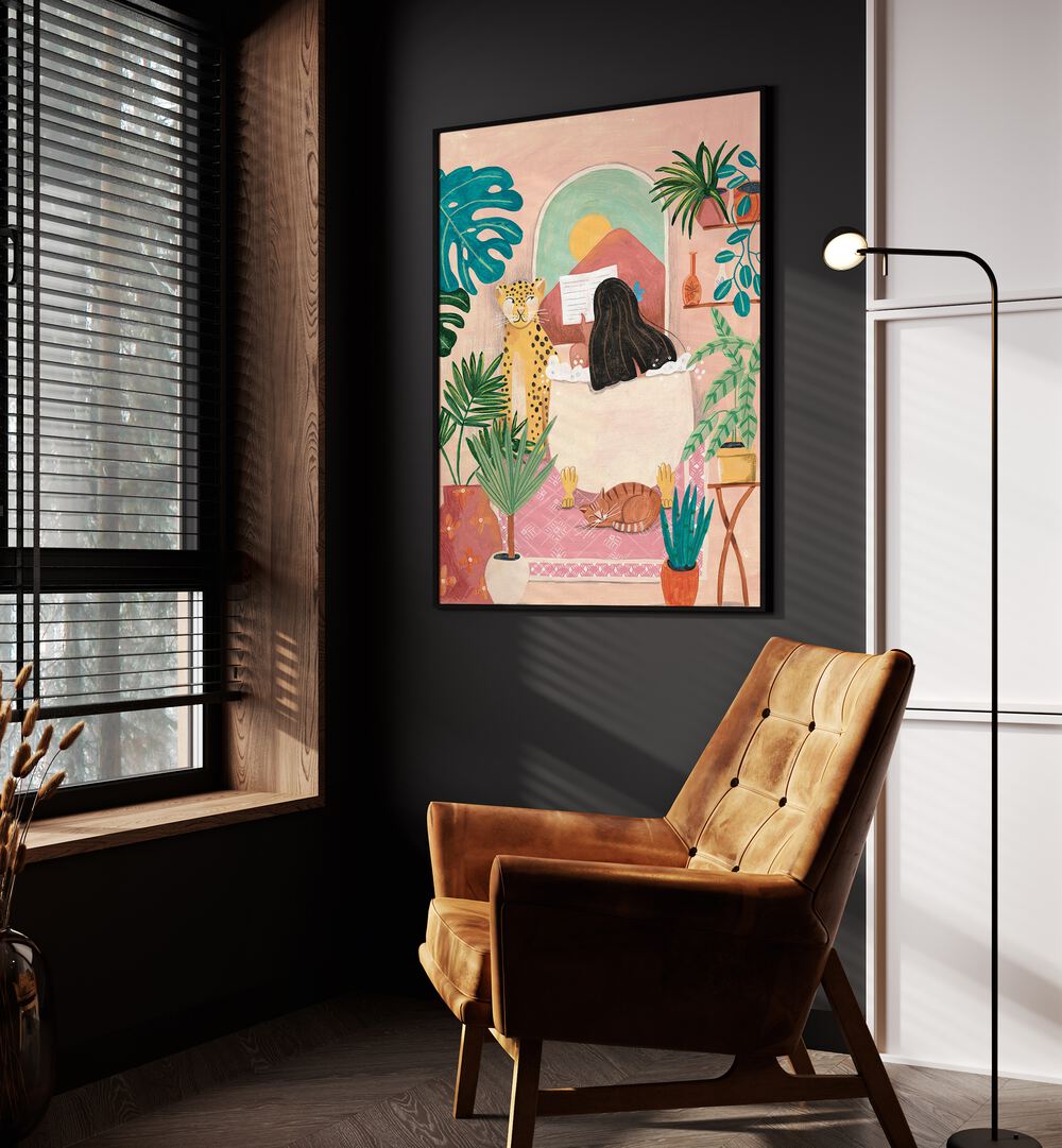 Woman Taking Bath In Pink Tropical Bathroom By Caroline Bonne Muller Women Illustration Paintings in Black Plain Frame on a wall beside an orange sofa