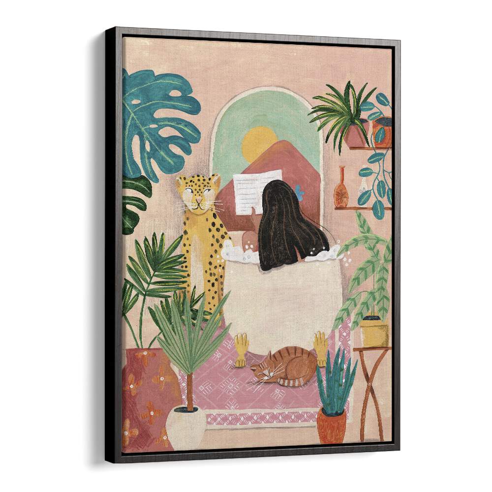 Woman Taking Bath In Pink Tropical Bathroom By Caroline Bonne Muller Women Illustration Paintings in Black Floater Frame