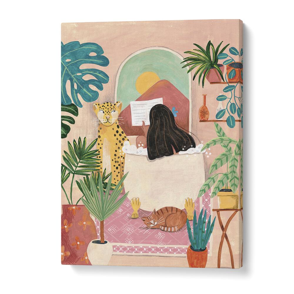 Woman Taking Bath In Pink Tropical Bathroom By Caroline Bonne Muller Women Illustration Paintings in Gallery Wrap