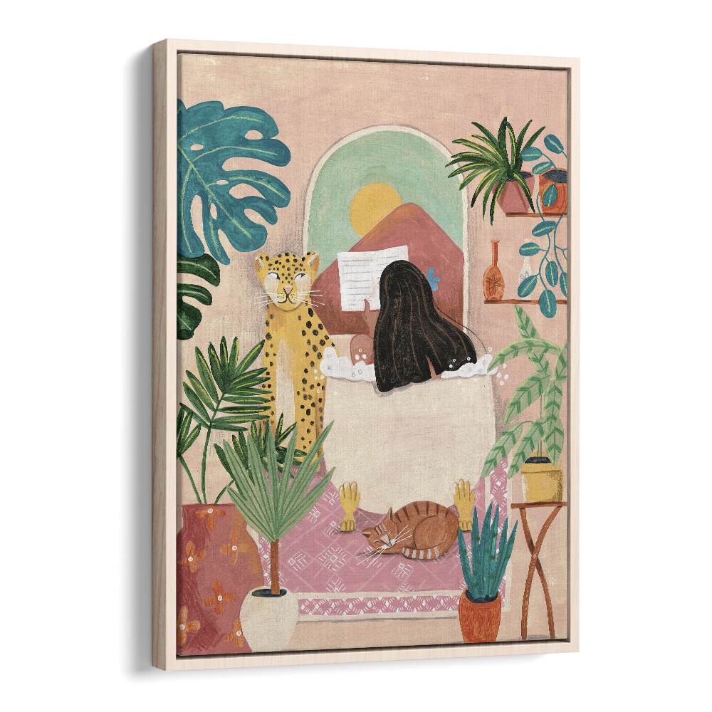 Woman Taking Bath In Pink Tropical Bathroom By Caroline Bonne Muller Women Illustration Paintings in Oak Wood Floater Frame