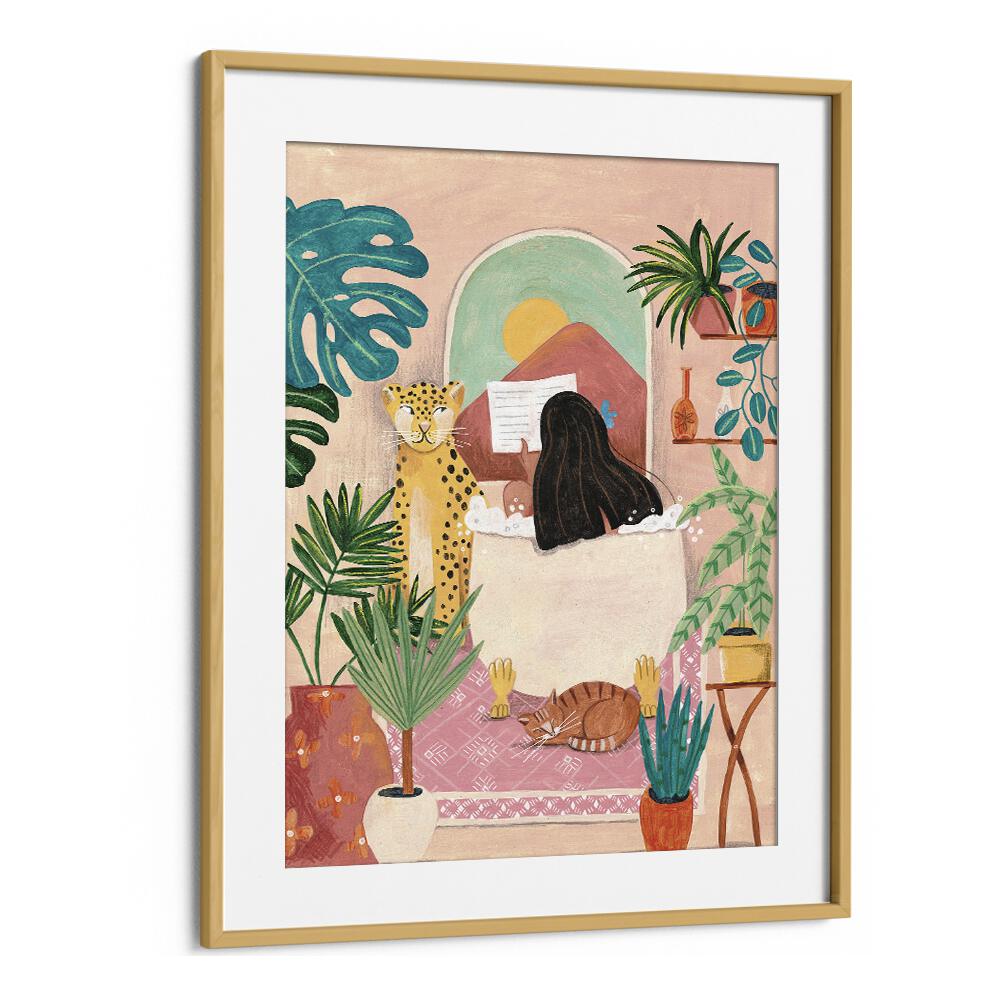 Woman Taking Bath In Pink Tropical Bathroom By Caroline Bonne Muller Women Illustration Paintings in Oak Wood Frame With Mount