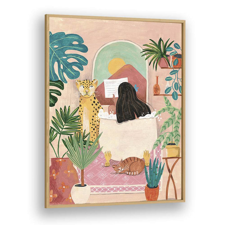 Woman Taking Bath In Pink Tropical Bathroom By Caroline Bonne Muller Women Illustration Paintings in Oak Wood Plain Frame