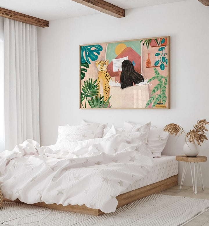 Woman Taking Bath in Pink Tropical Bathroom By Caroline Bonne Muller Women Paintings in Oak Wood Plain Frame on a white wall behind a bed