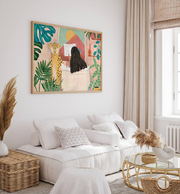 Woman Taking Bath in Pink Tropical Bathroom By Caroline Bonne Muller Women Paintings in Oak Wood Plain Frame on a white wall behind a sofa