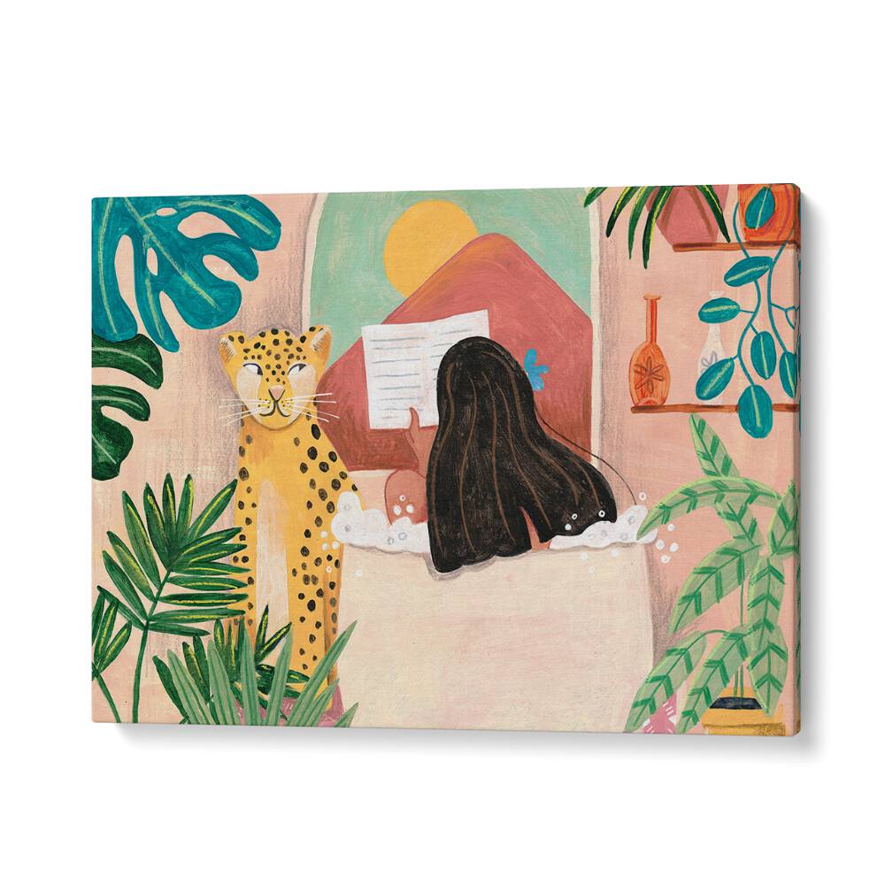 Woman Taking Bath in Pink Tropical Bathroom By Caroline Bonne Muller Women Paintings in Gallery Wrap