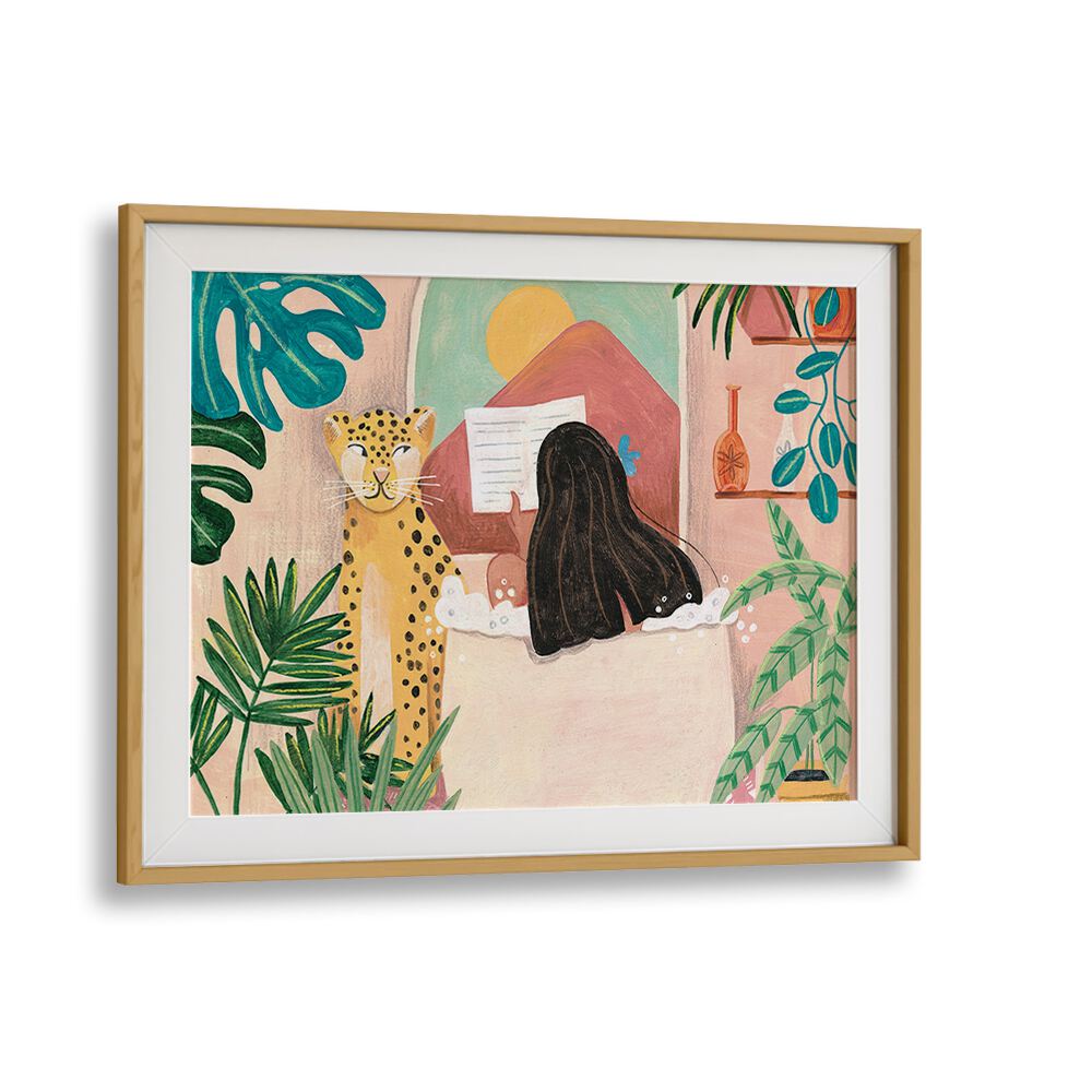 Woman Taking Bath in Pink Tropical Bathroom By Caroline Bonne Muller Women Paintings in Oak Wood Frame With Mount