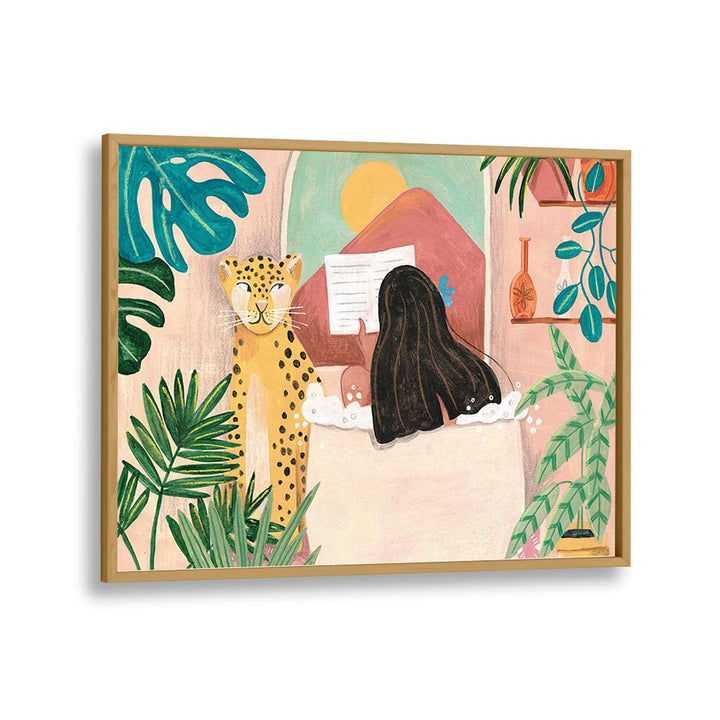 Woman Taking Bath in Pink Tropical Bathroom By Caroline Bonne Muller Women Paintings in Oak Wood Plain Frame