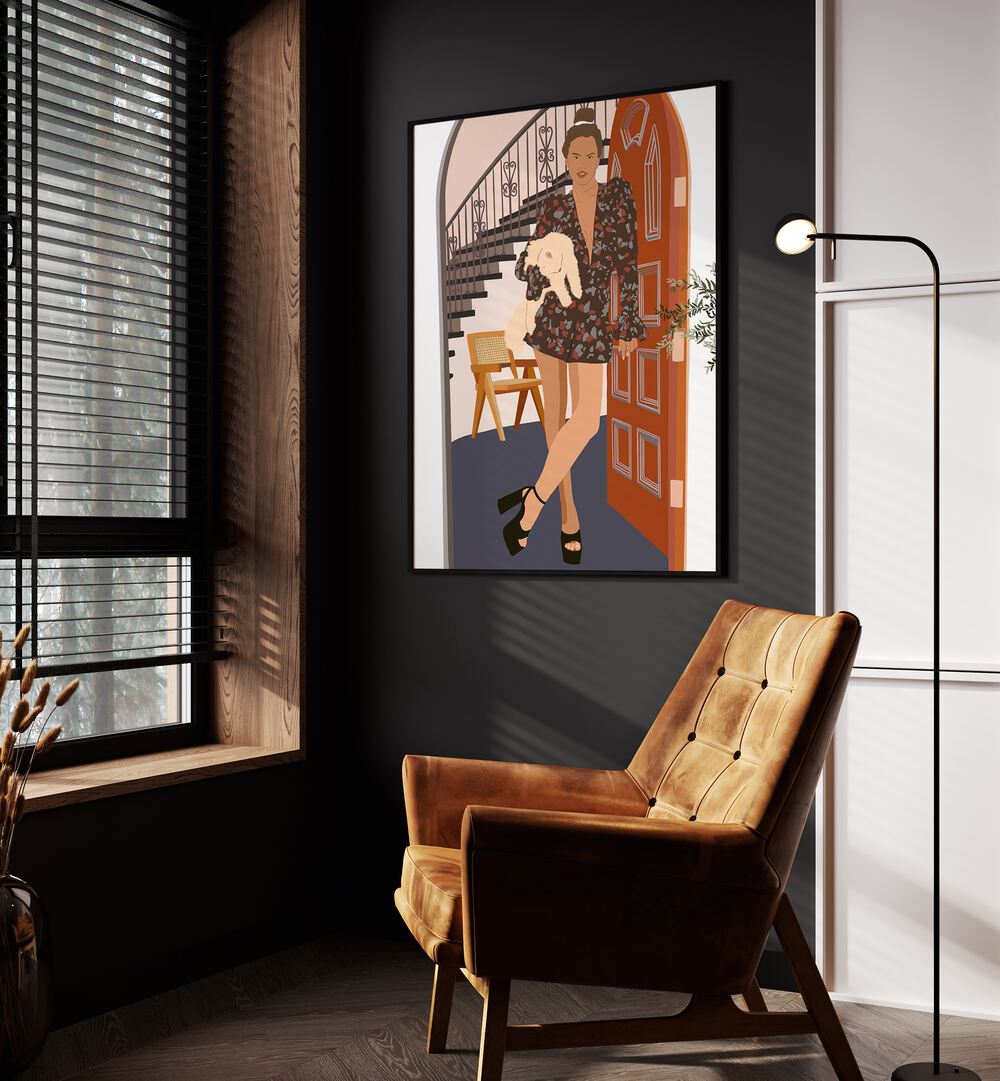 Woman With Cat I by Emel Tunaboylu Women Illustrations paintings in Black Plain Frame on a wall beside an orange sofa