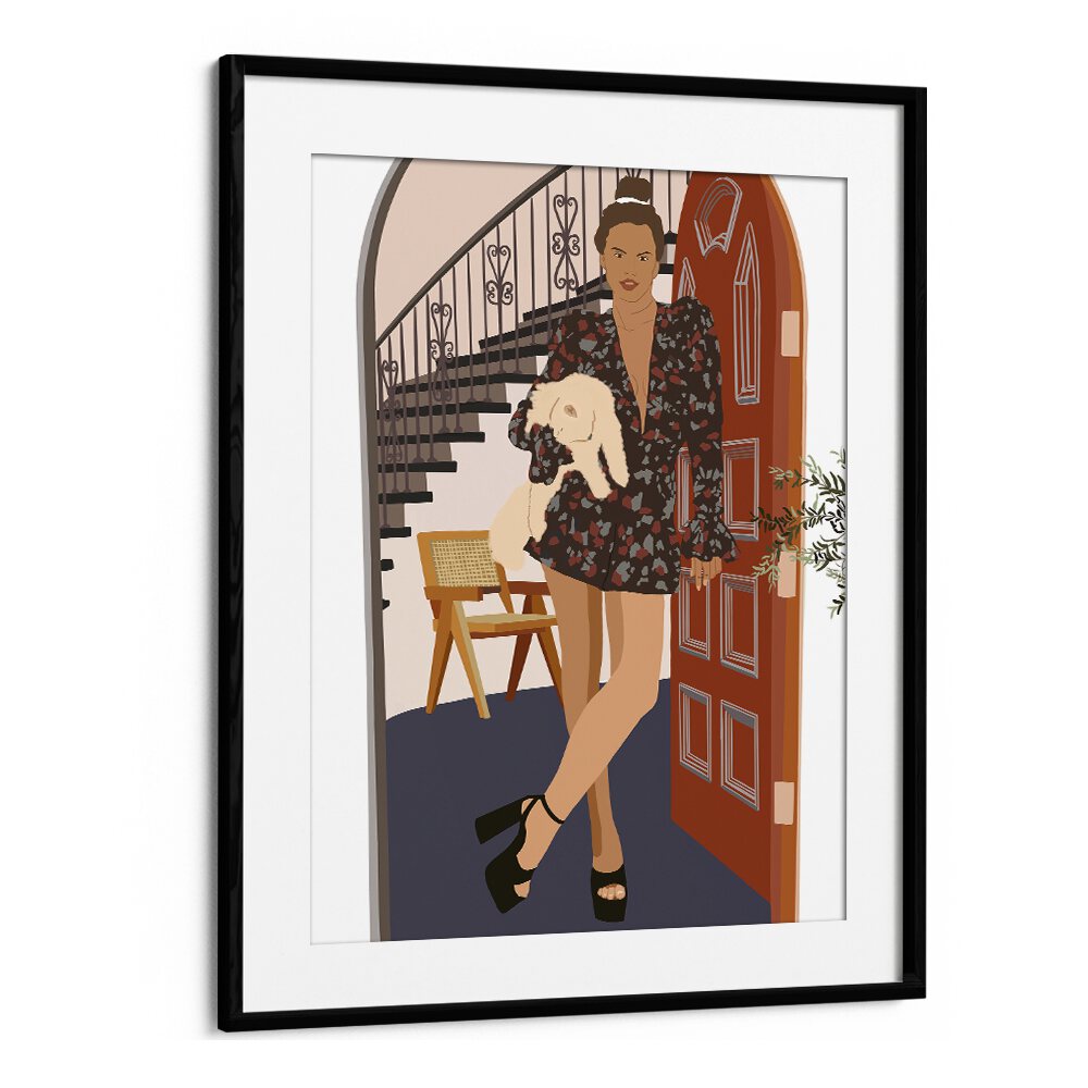 Woman With Cat I by Emel Tunaboylu Women Illustrations paintings in Black Frame With Mount