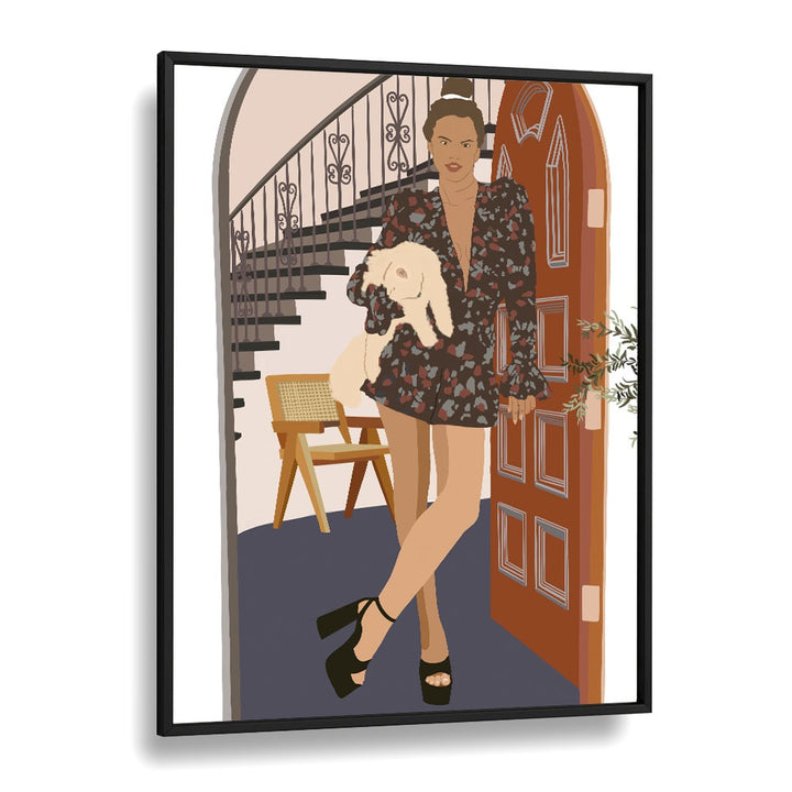 Woman With Cat I by Emel Tunaboylu Women Illustrations paintings in Black Plain Frame