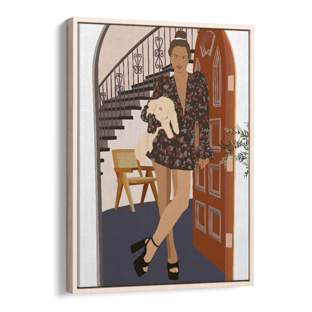 Woman With Cat I by Emel Tunaboylu Women Illustrations paintings in Oak Wood Floater Frame