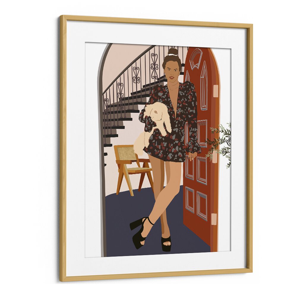 Woman With Cat I by Emel Tunaboylu Women Illustrations paintings in Oak Wood Frame With Mount