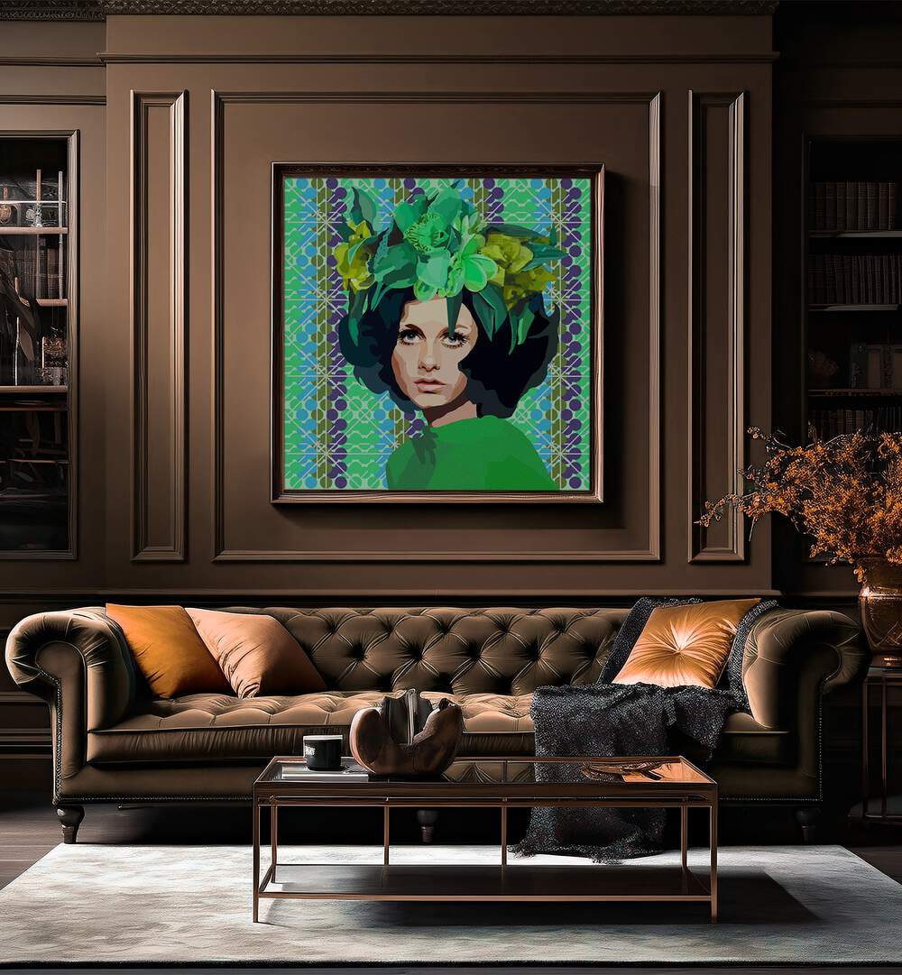 Woman in Green By Lynnda Rakos Pop Art Paintings Pop Art Prints in Dark Wood Plain Frame placed on a wall behind a sofa