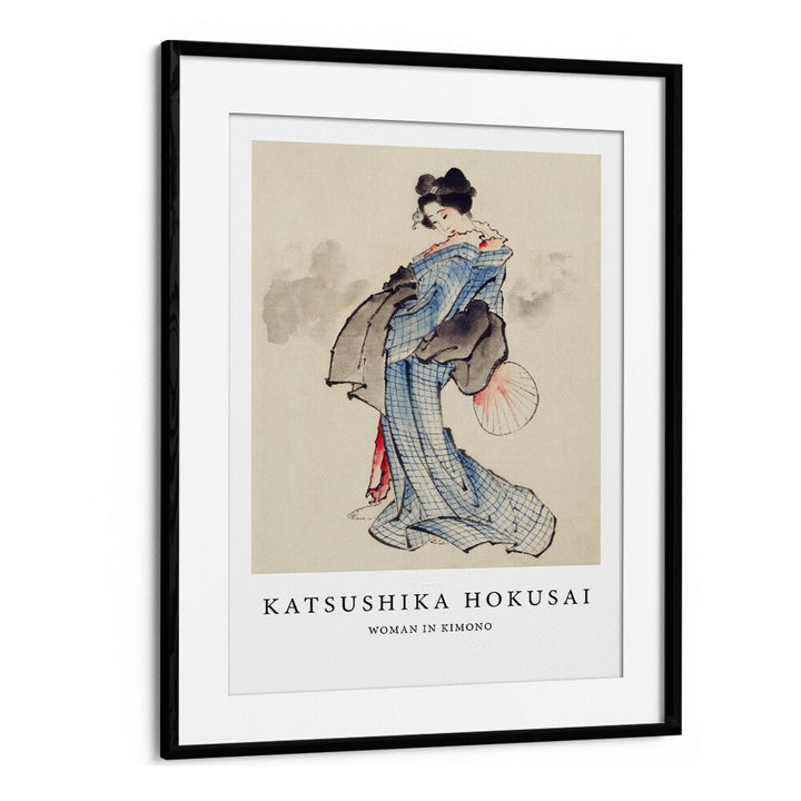 Woman, Standing Facing Left, Holding Fan In Right Hand, Wearing Kimono By Katsushika Hokusai Japanese Paintings in Black Frame With Mount