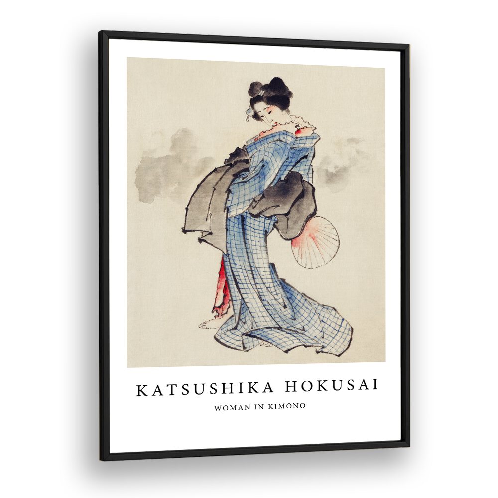 Woman, Standing Facing Left, Holding Fan In Right Hand, Wearing Kimono By Katsushika Hokusai Japanese Paintings in Black Plain Frame