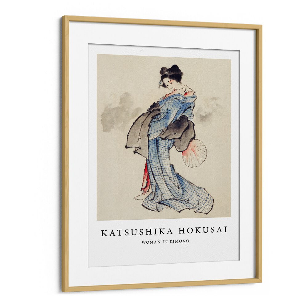 Woman, Standing Facing Left, Holding Fan In Right Hand, Wearing Kimono By Katsushika Hokusai Japanese Paintings in Oak Wood Frame With Mount