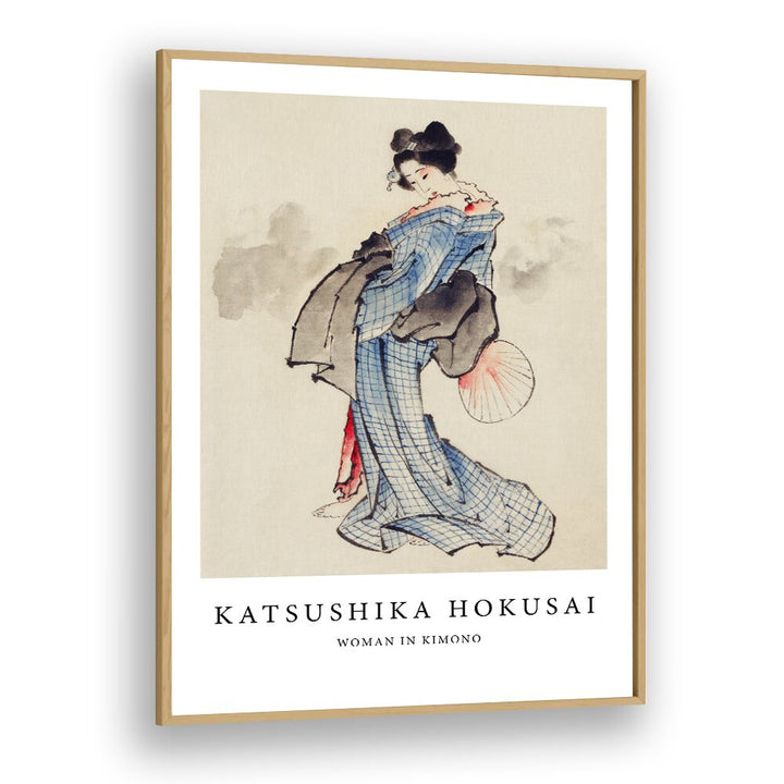 Woman, Standing Facing Left, Holding Fan In Right Hand, Wearing Kimono By Katsushika Hokusai Japanese Paintings in Oak Wood Plain Frame