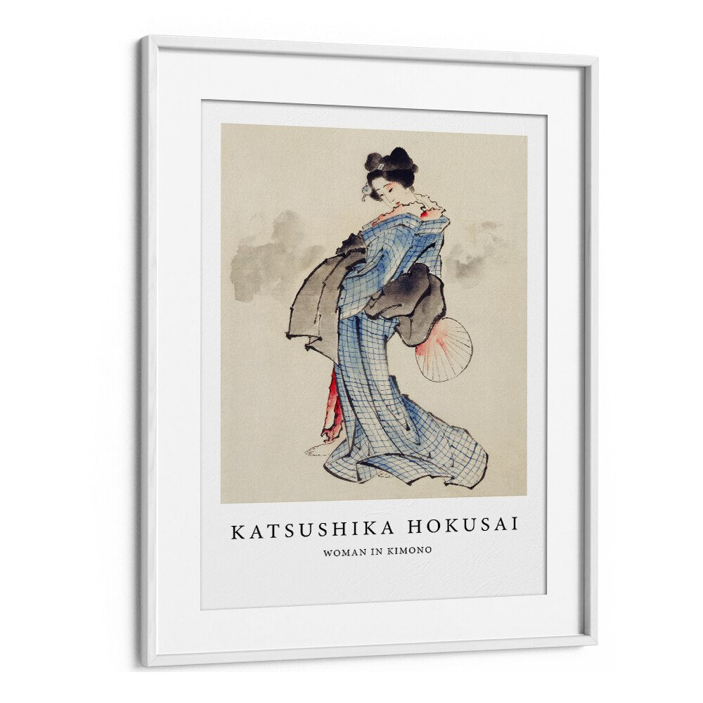 Woman, Standing Facing Left, Holding Fan In Right Hand, Wearing Kimono By Katsushika Hokusai Japanese Paintings in White Frame With Mount