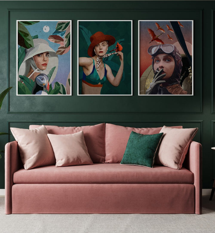 Women Adventure Set Of 3 Paintings in White Plain Frame placed on a living room wall behind a sofa