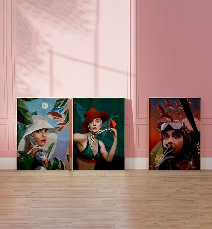 Women Adventure Set Of 3 Paintings in Oak Wood Plain Frame placed on the floor