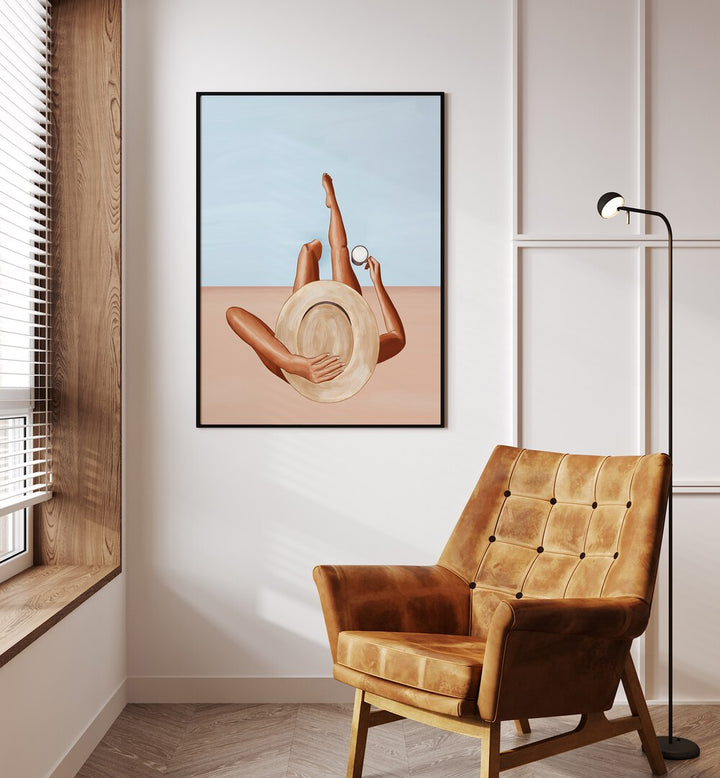 Women At The Pool Decor By Ivy Green Women Illustration Paintings in Black Plain Frame on a white wall beside a window