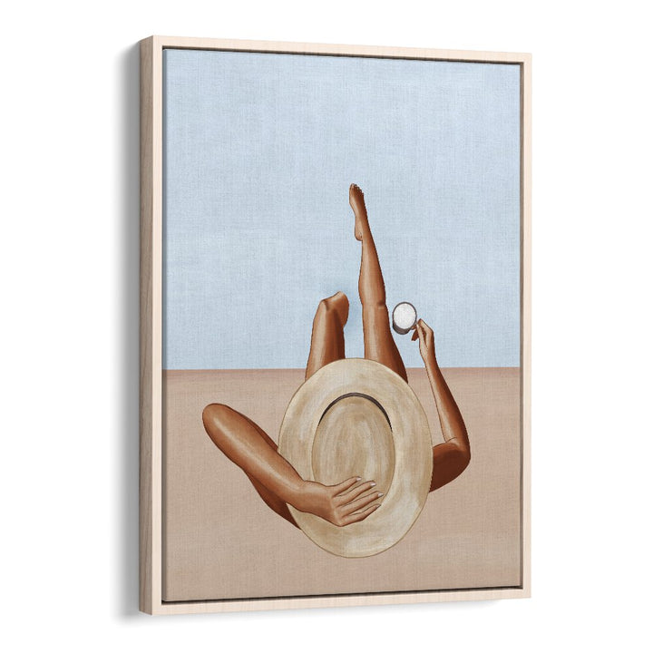 Women At The Pool Decor By Ivy Green Women Illustration Paintings in Oak Wood Floater Frame