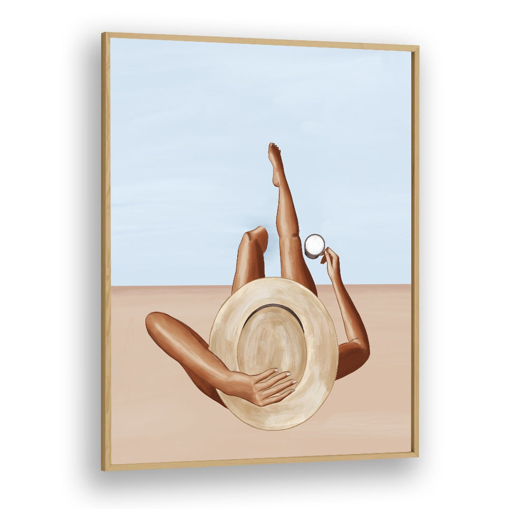 Women At The Pool Decor By Ivy Green Women Illustration Paintings in Oak Wood Plain Frame