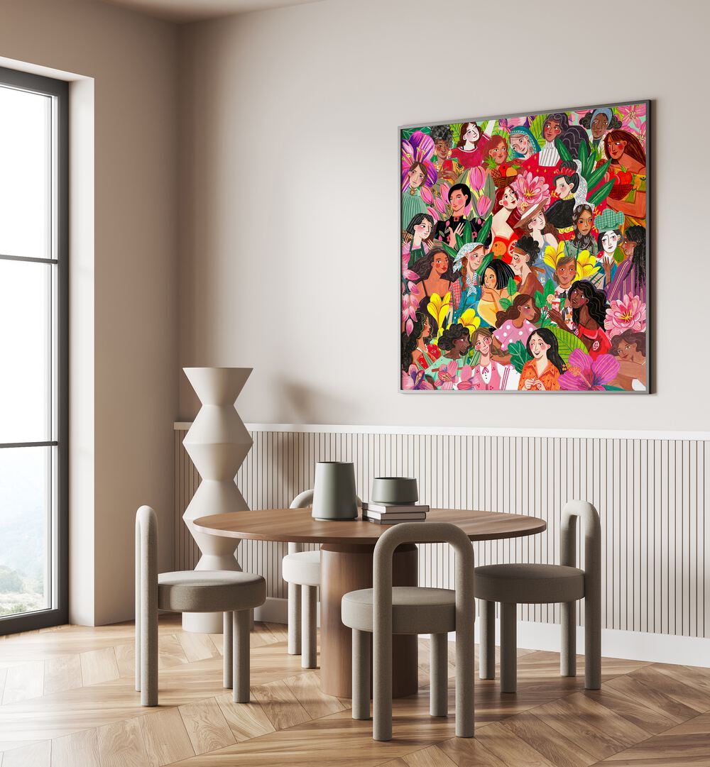 Women By Caroline Bonne Muller Women Illustration Paintings in Black Plain Frame on a wall behind a dining table for dining room