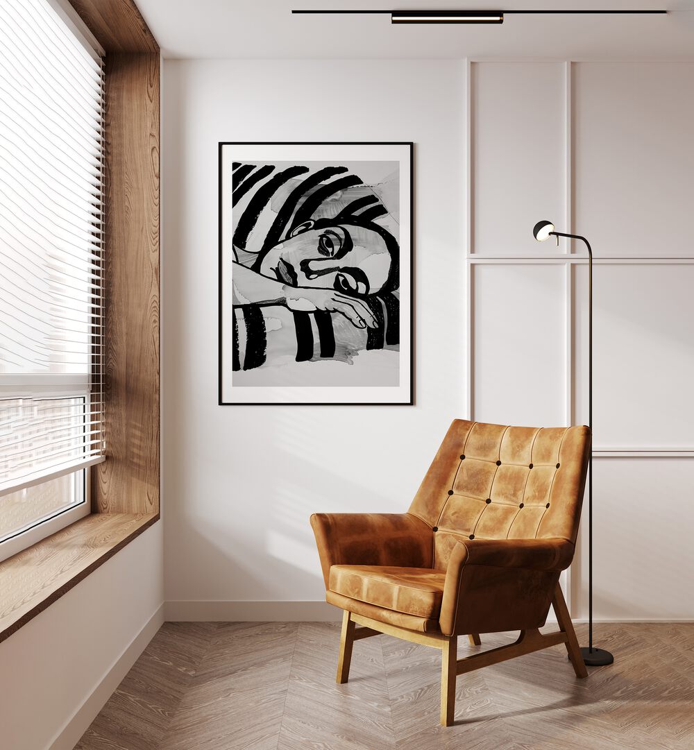 Women In Stripes  Women Illustrations paintings in Black Plain Frame placed on a wall beside a window