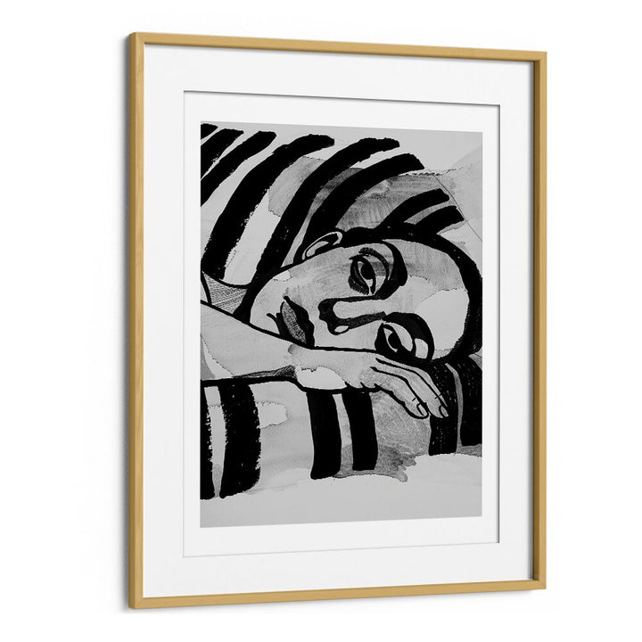 Captivating art print featuring WOMEN IN STRIPES, PORTRAITS, celebrating femininity in an elegant oak frame.