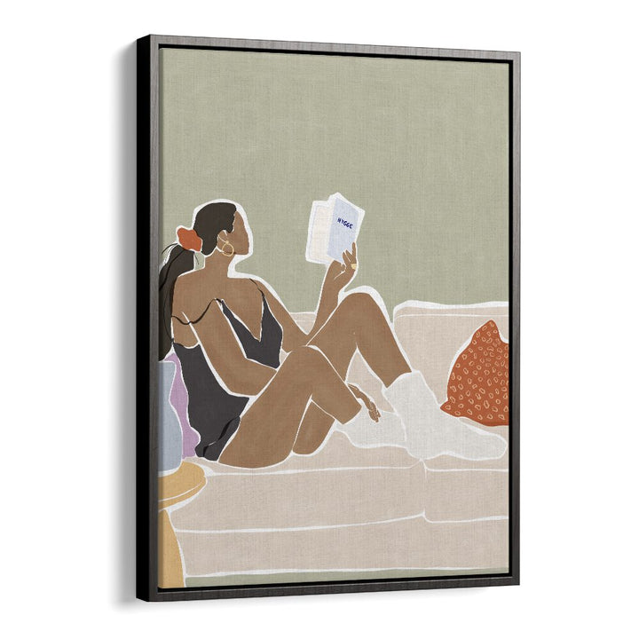 Women Reading a Book By Ivy Green Women Illustration Paintings in Black Floater Frame