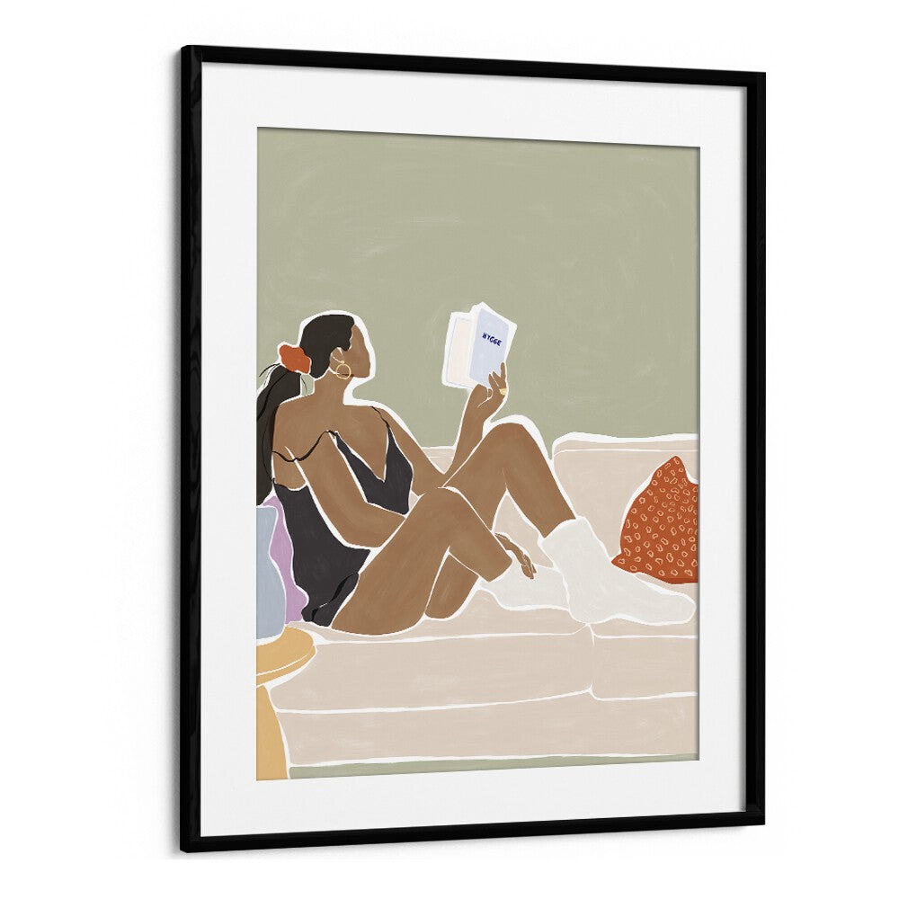 Women Reading a Book By Ivy Green Women Illustration Paintings in Black Frame With Mount