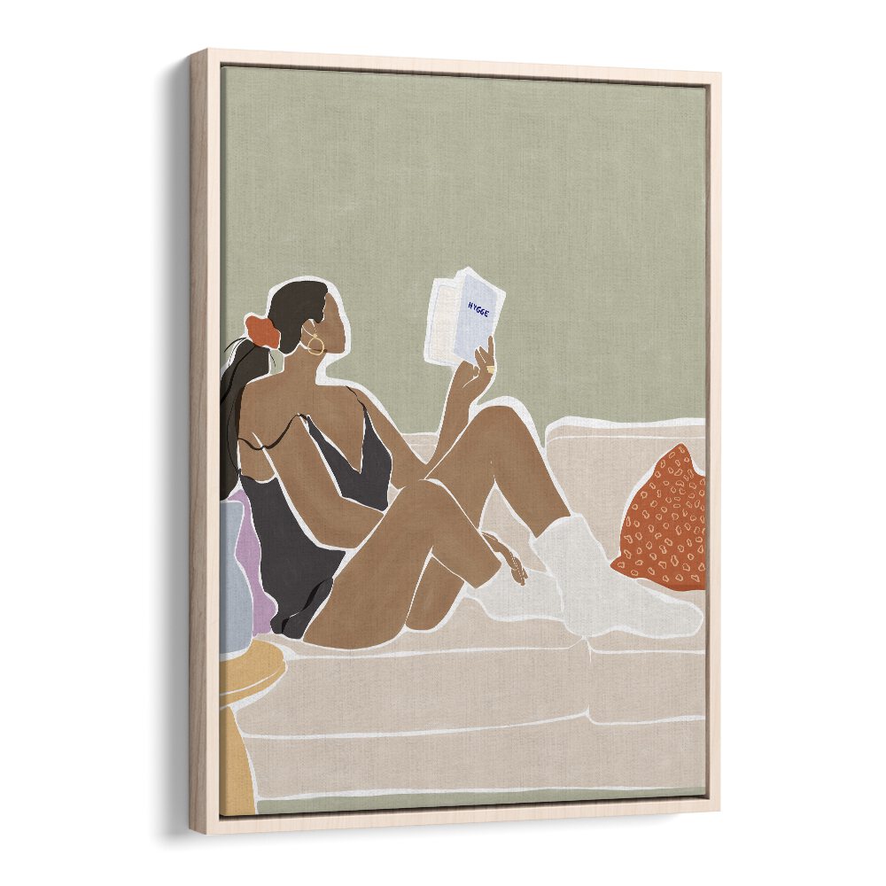 Women Reading a Book By Ivy Green Women Illustration Paintings in Oak Wood Floater Frame